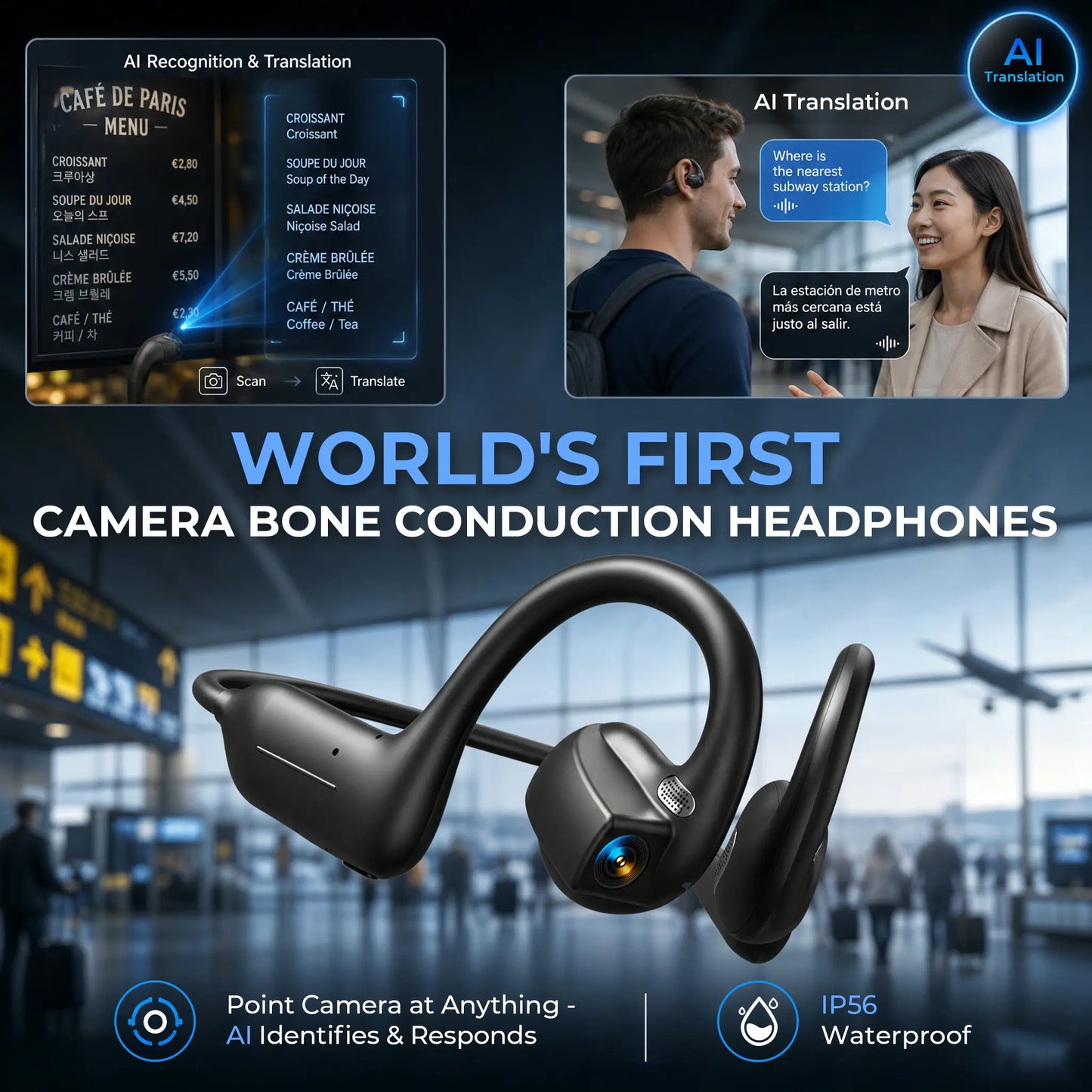 E12 Bone Conduction Bluetooth Headphones With 8MP EIS Stabilized Camera, 160+ Languages Instant Translation, Touch & Button Control, IP54 Waterproof Wearable Headset For Outdoor Cycling Vlog Recording Sports & Daily Communication